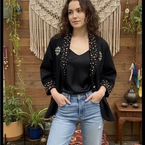 Vintage Route 66 - Embellished Black Oversize Jacket with Colorful Accents